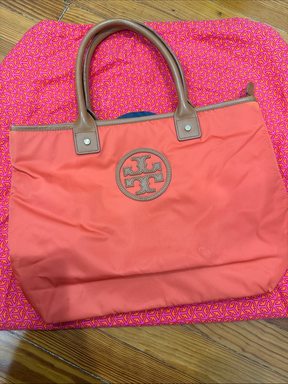 Tory Burch Coral Tote with Tan Leather Trim